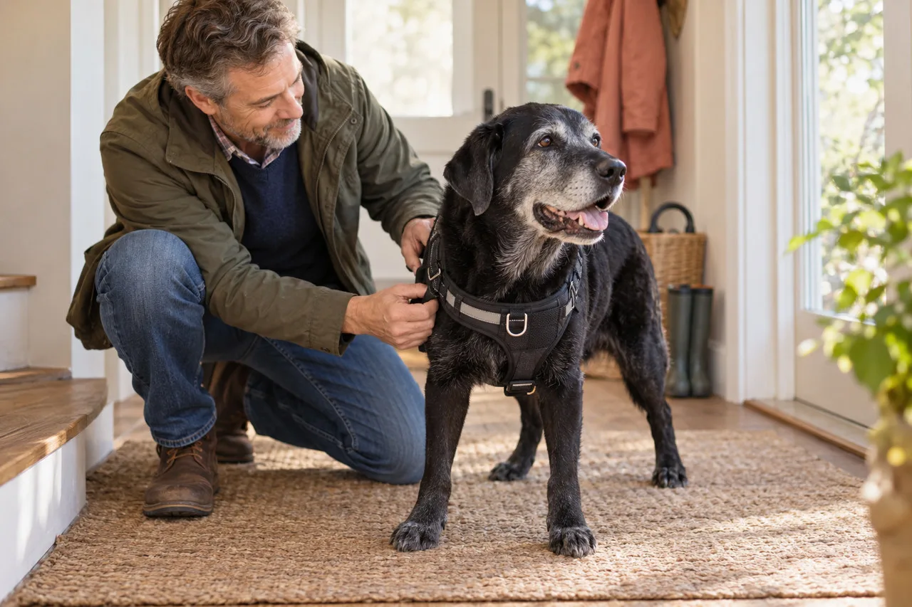 Owner fastening a harness on a black dog at the doorway