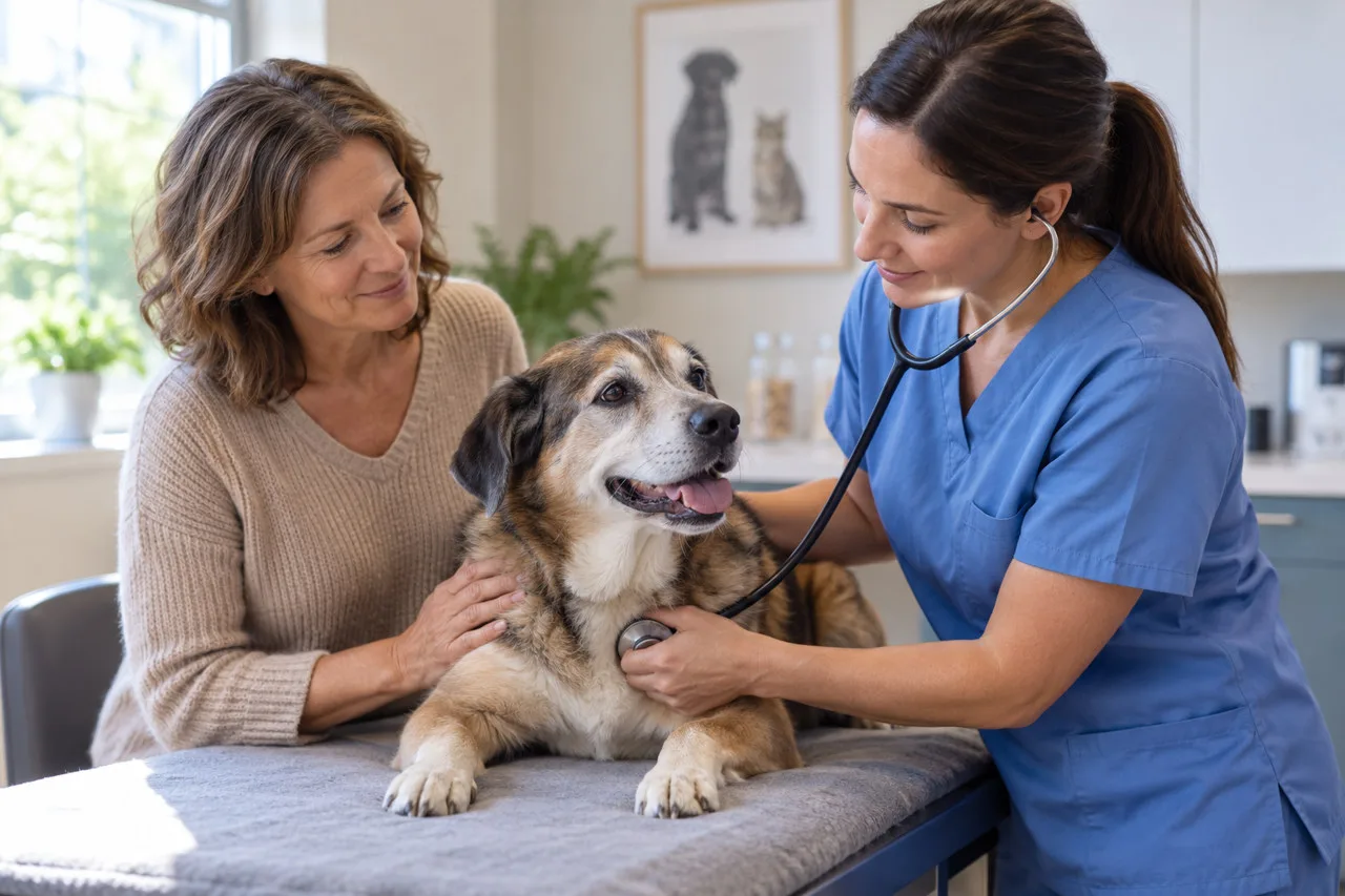 Veterinarian examining a gray-muzzled dog while its owner supports it
